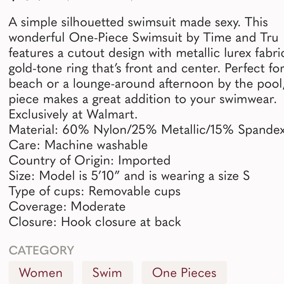 NWT Womens Time and Tru Cut-Out One Piece Swimsuit Black & Gold Size L (12-14) - Picture 3 of 6